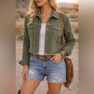 Hengsheng Jeans Olive Studded Cropped Jacket Boho Western Medium